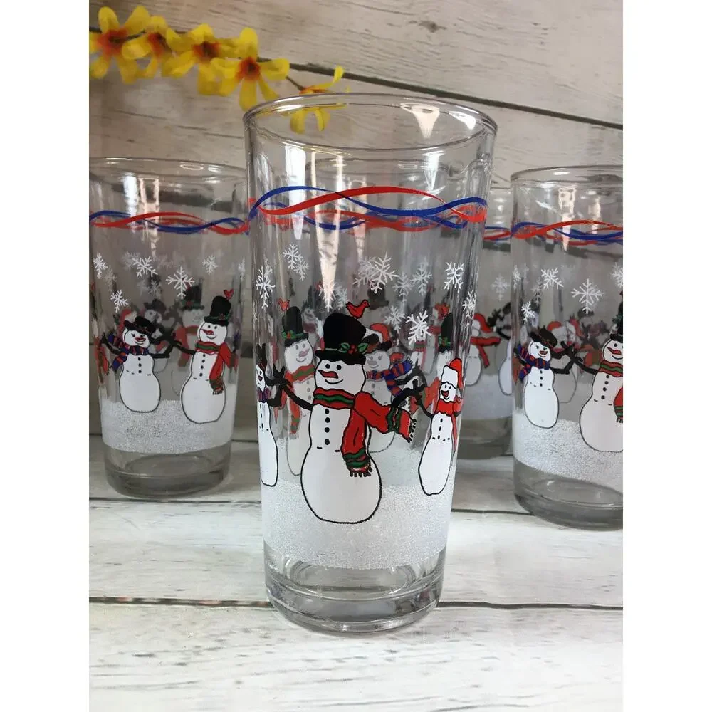 KIG Set of 4 Vintage Snowman Tea Water Drinking Glasses Tumblers Barware